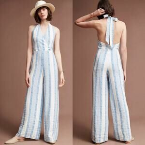 Anthropologie Line & Dot Bandana Halter‎ Jumpsuit Blue Boho Spring Resort